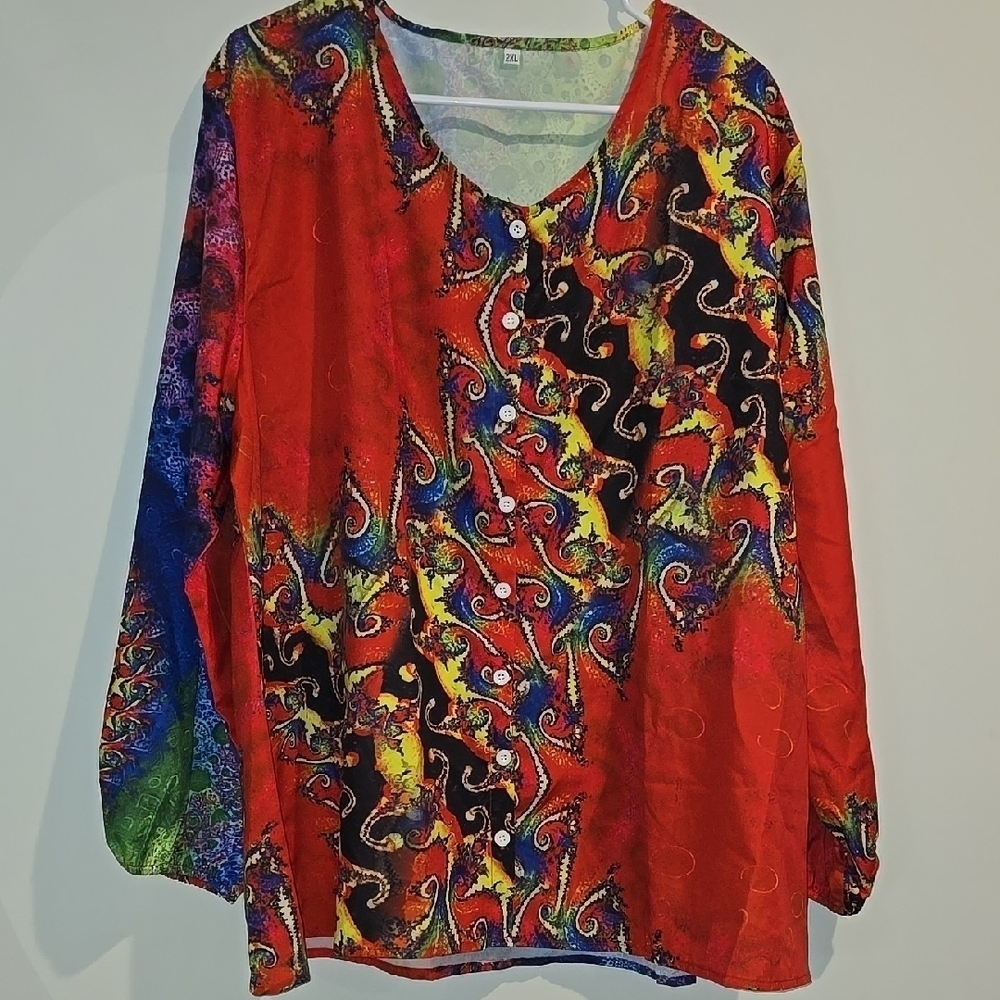 Red and Blue Graphic Long Sleeve Blouse